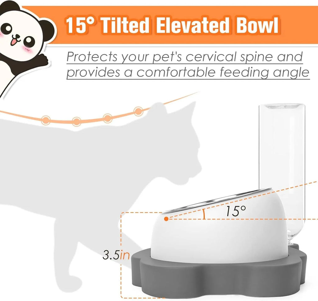 Grey pet bowl set with automatic water dispenser and tilted stainless steel feeding bowls