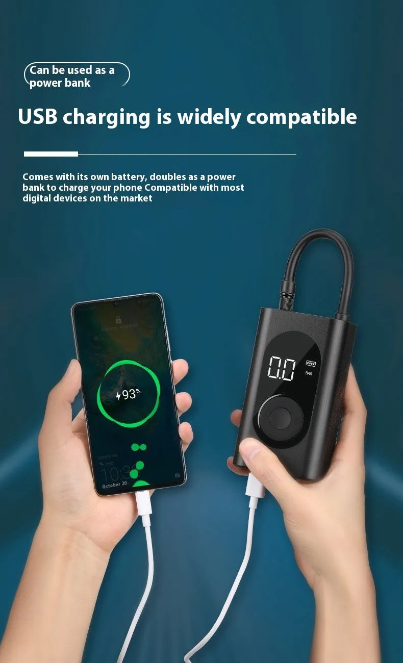 Portable handheld tyre inflator pump with digital display, USB cable, power bank, and built-in torch