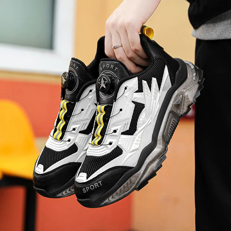 Men's black rotating button casual dad shoes with mesh upper and platform sole