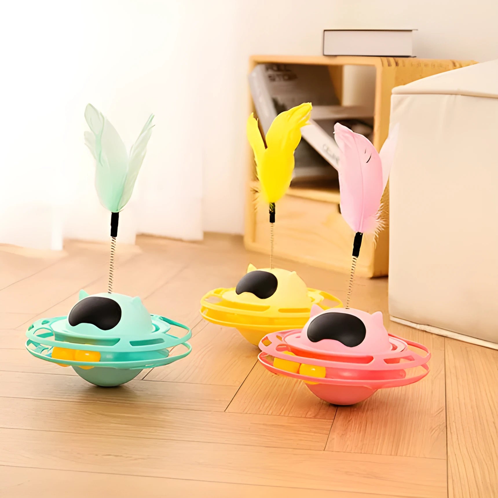 Pink cat tumbler turntable toy measuring 17 x 10 cm for interactive play