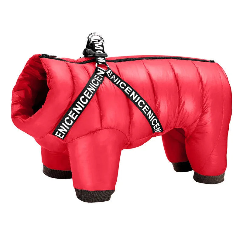 Polyester winter pet coat for fighting dogs in black with size chart on blue background