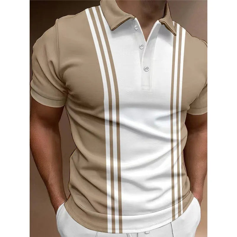 Men's loose fit t-shirt with printed 3 button lapel design in polyester fabric