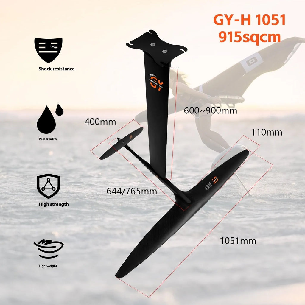 Black carbon fibre racing hydrofoil with aluminium components and 1051mm front wing