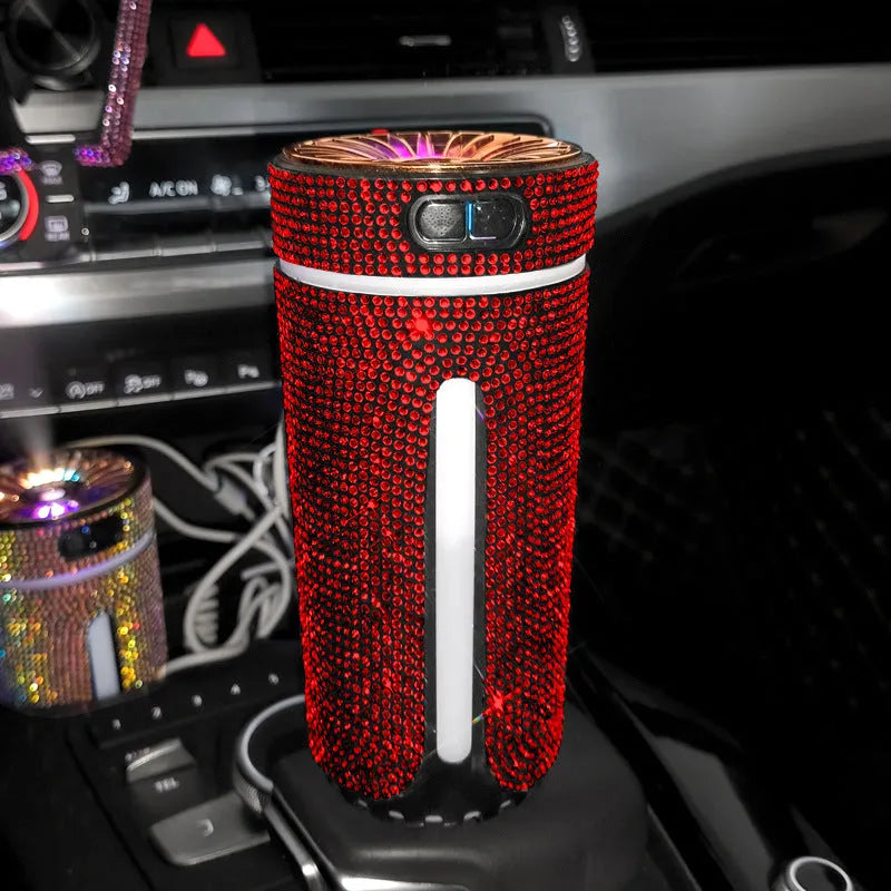 Diamond design car humidifier with LED lights showing colourful mist emission