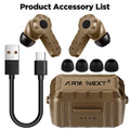 Tactical noise reduction earplugs in green, black, and mud colours with rechargeable pickup hearing for shooting and industrial use