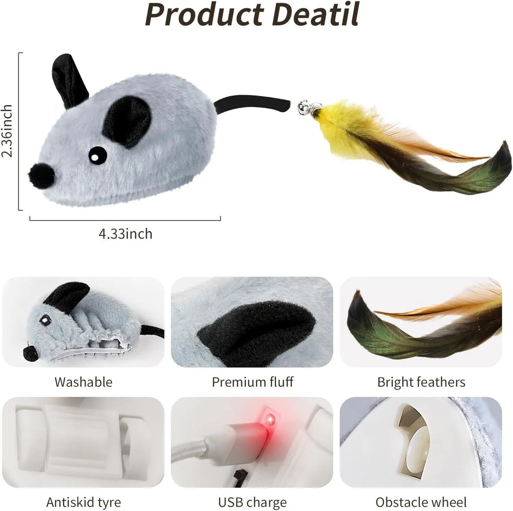 Rechargeable interactive cat mouse toy with LED lights and feather tail for indoor feline entertainment