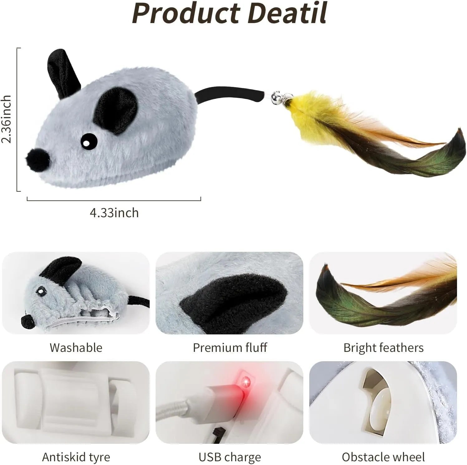 Rechargeable interactive cat mouse toy with LED lights and feather tail for indoor feline entertainment
