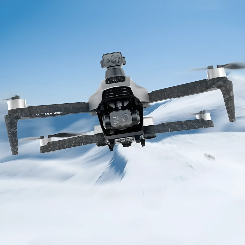 White folding quadcopter drone with brushless motors, obstacle avoidance sensors, and 4K camera shown with remote control and shoulder bag