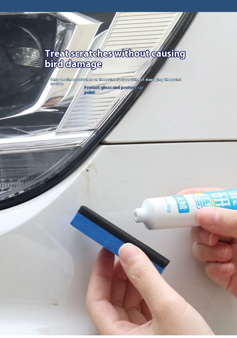 Car repair wax kit showing bottles of scratch removal wax A, polishing wax B, and a frosted sponge mop.
