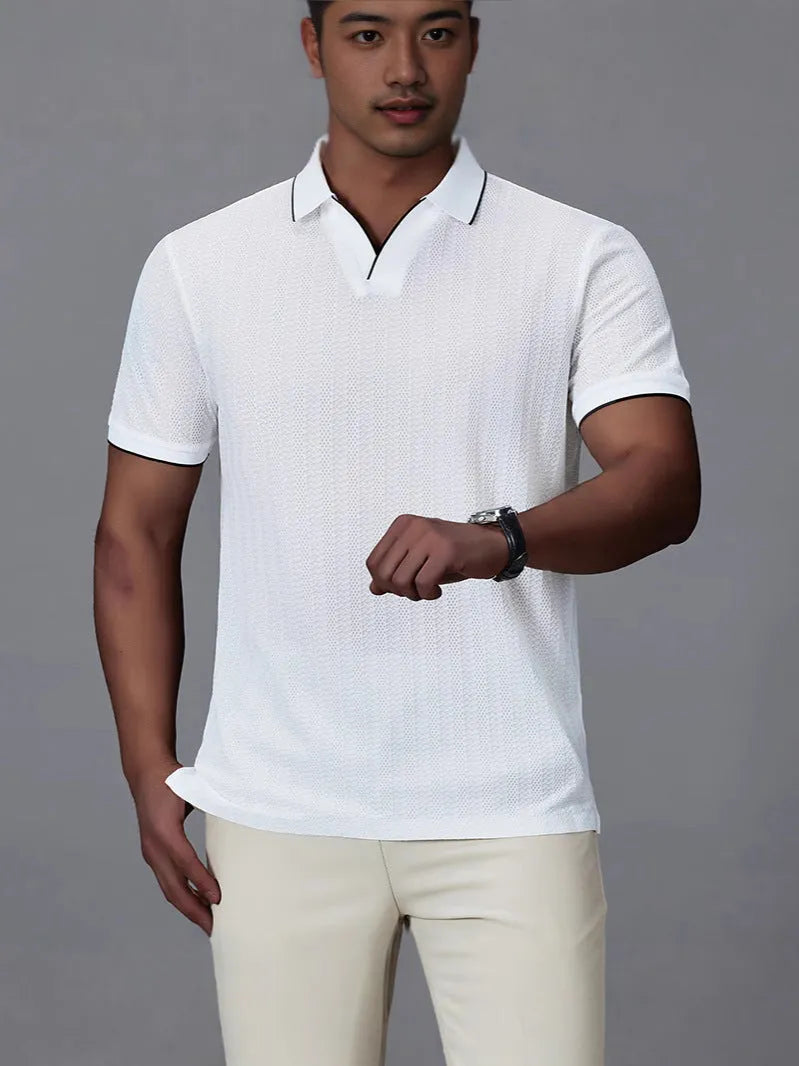 Men's loose fit short sleeve polo t-shirt in thin nylon fabric showing colour options