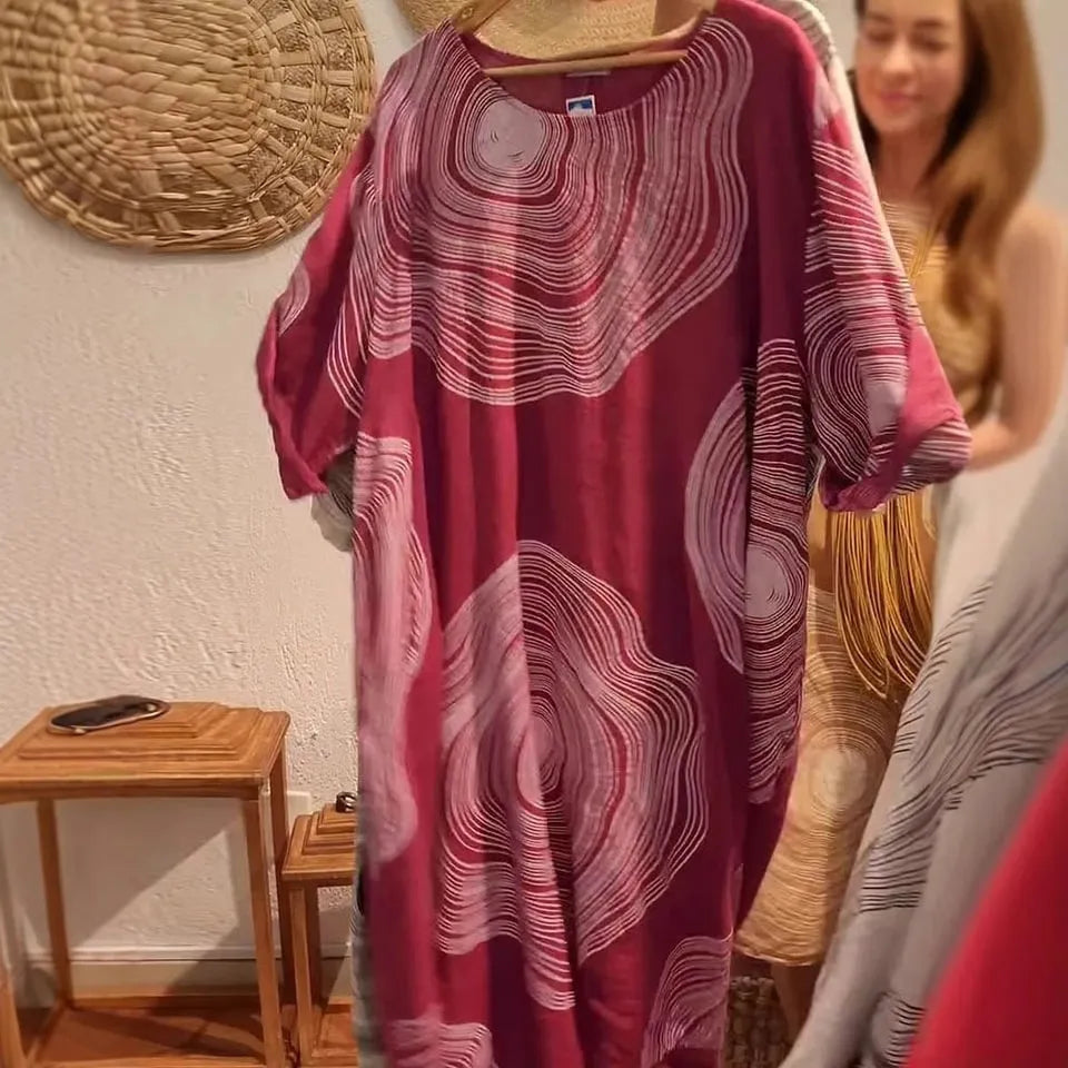 Women's round neck abstract print sleeve dress with 3D effect, A-line skirt, red colour, street fashion style