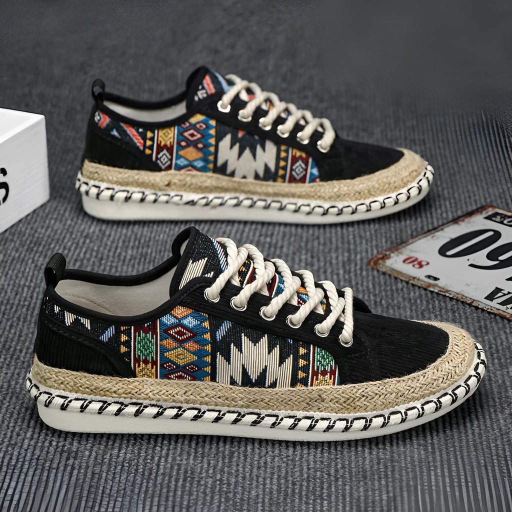 Men's summer casual shoes in beige and black with cloth uppers and slip-on design