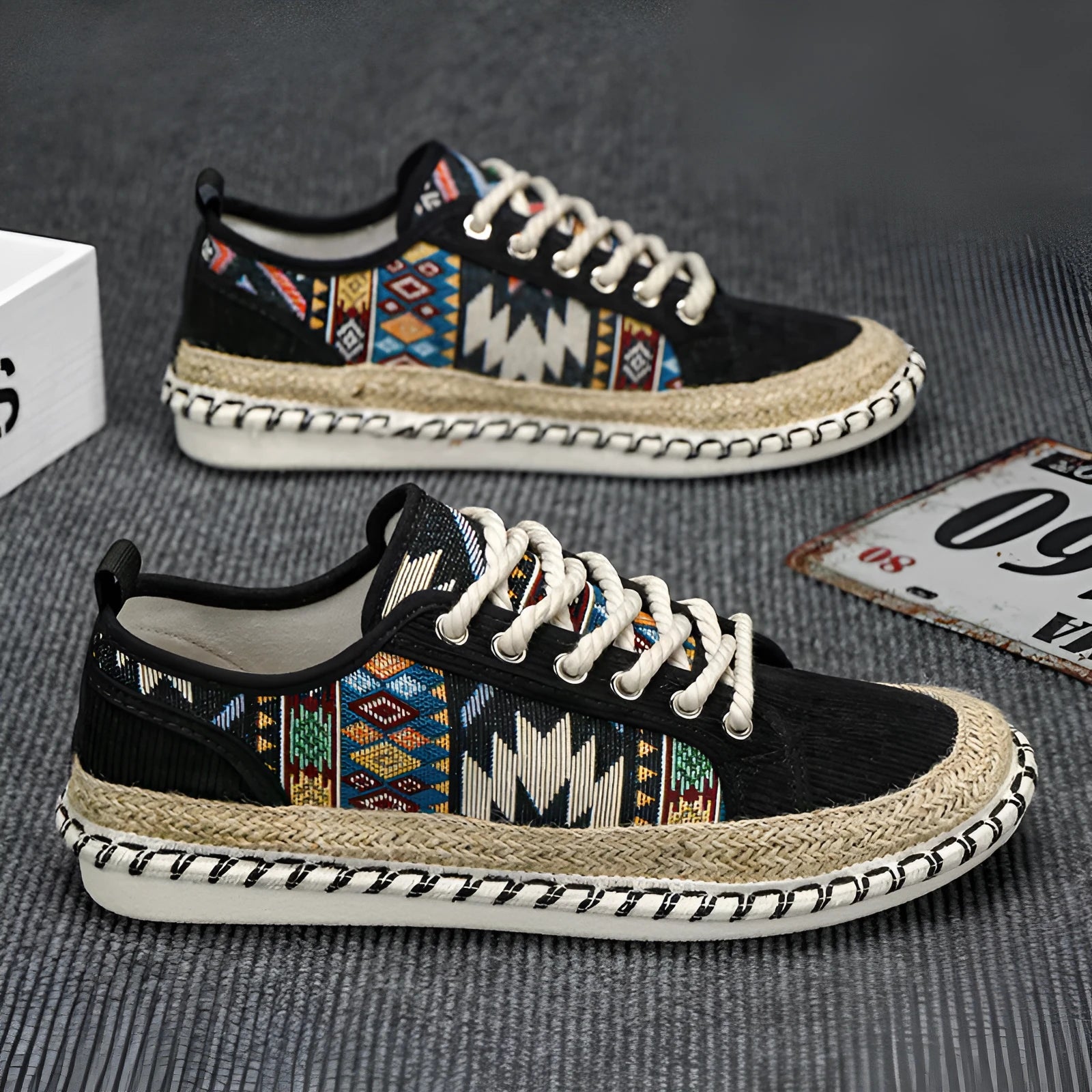 Men's summer casual shoes in beige and black with cloth uppers and slip-on design