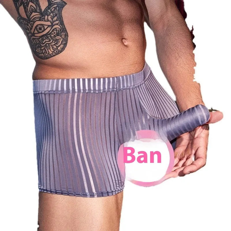 Men's black striped nylon boxer briefs laid flat, showing vertical pattern and elastic waistband.