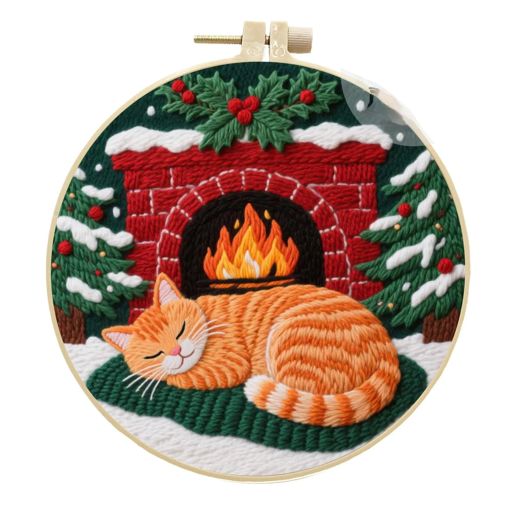 Cat-themed DIY embroidery kit showing Autumn Fruit pattern on cotton linen fabric with optional bamboo frame and scissors.