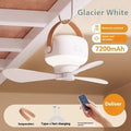 Small rechargeable ceiling fan with remote control for camping tents showing Type-C charging port and mounting strap
