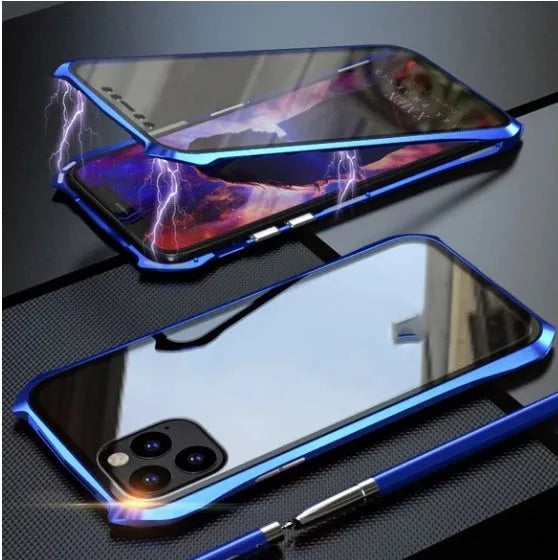 Metal protective back cover case for Apple iPhone 11, shown in black, blue, red, and silver colour options.