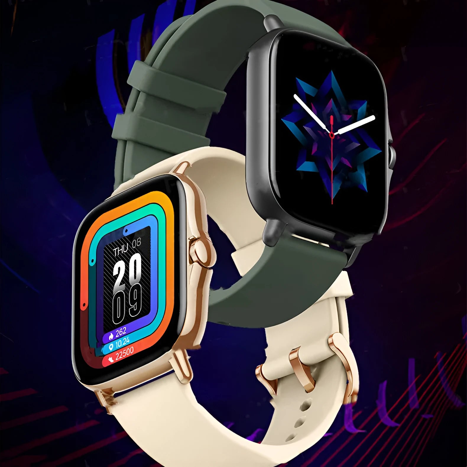 GT20 smartwatch with black silicone wristband and 1.75-inch touch screen displaying health metrics