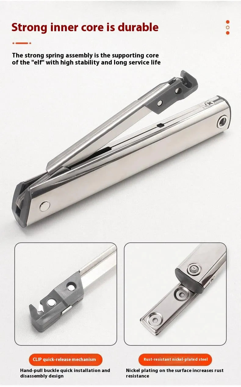 Cold rolled steel tatami cabinet support rod with elastic jackstay for flap-up doors.