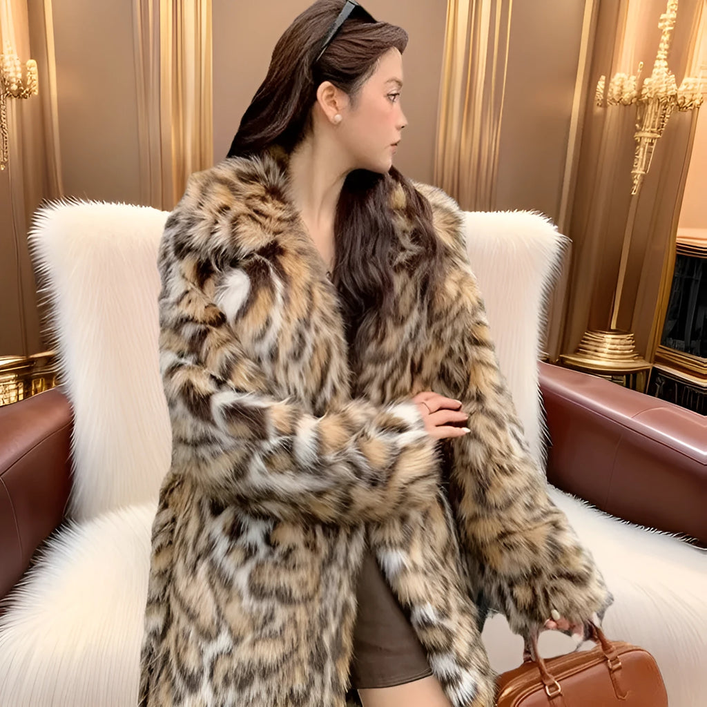 A woman's long faux fur coat with a fur collar and pockets, shown in a street fashion style.