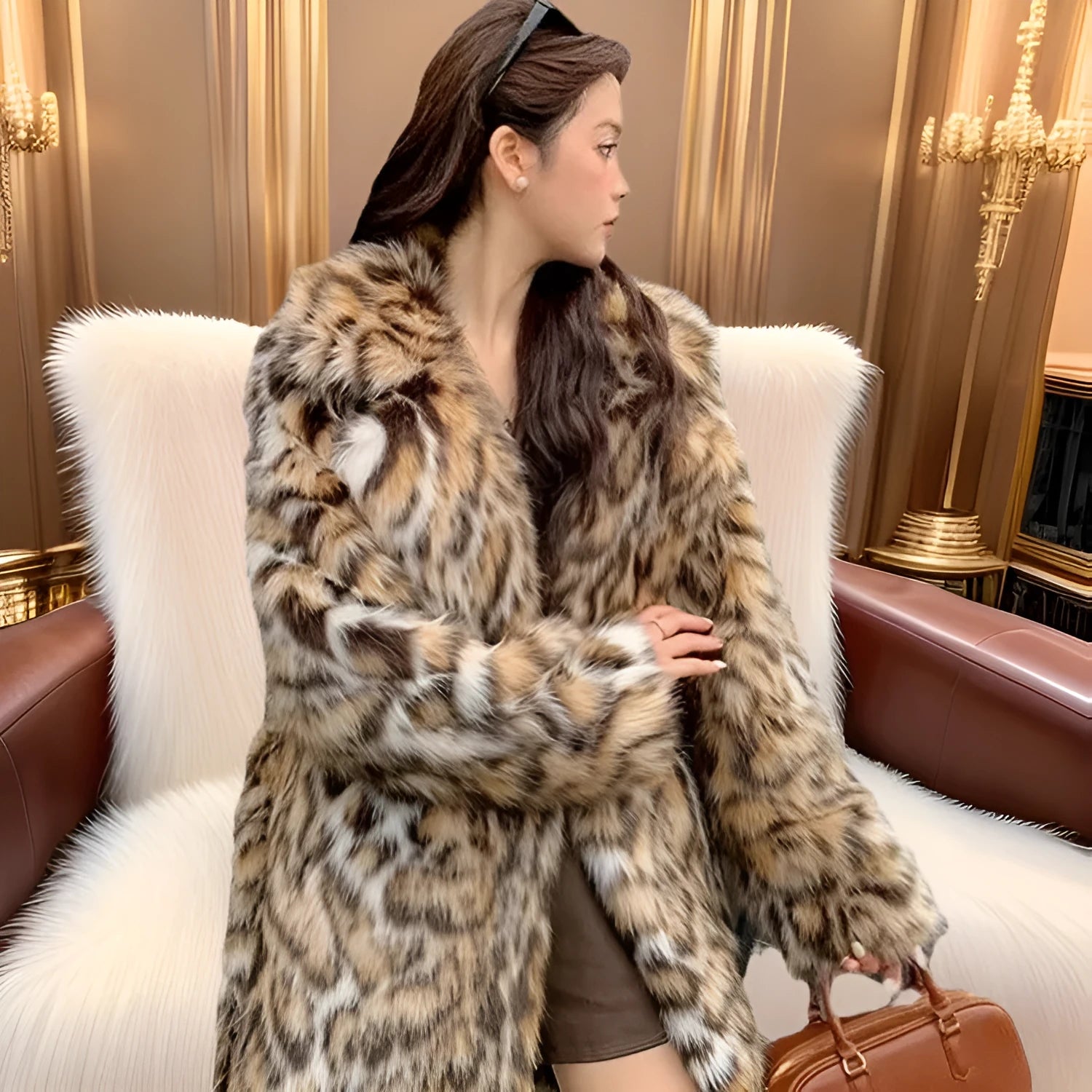A woman's long faux fur coat with a fur collar and pockets, shown in a street fashion style.