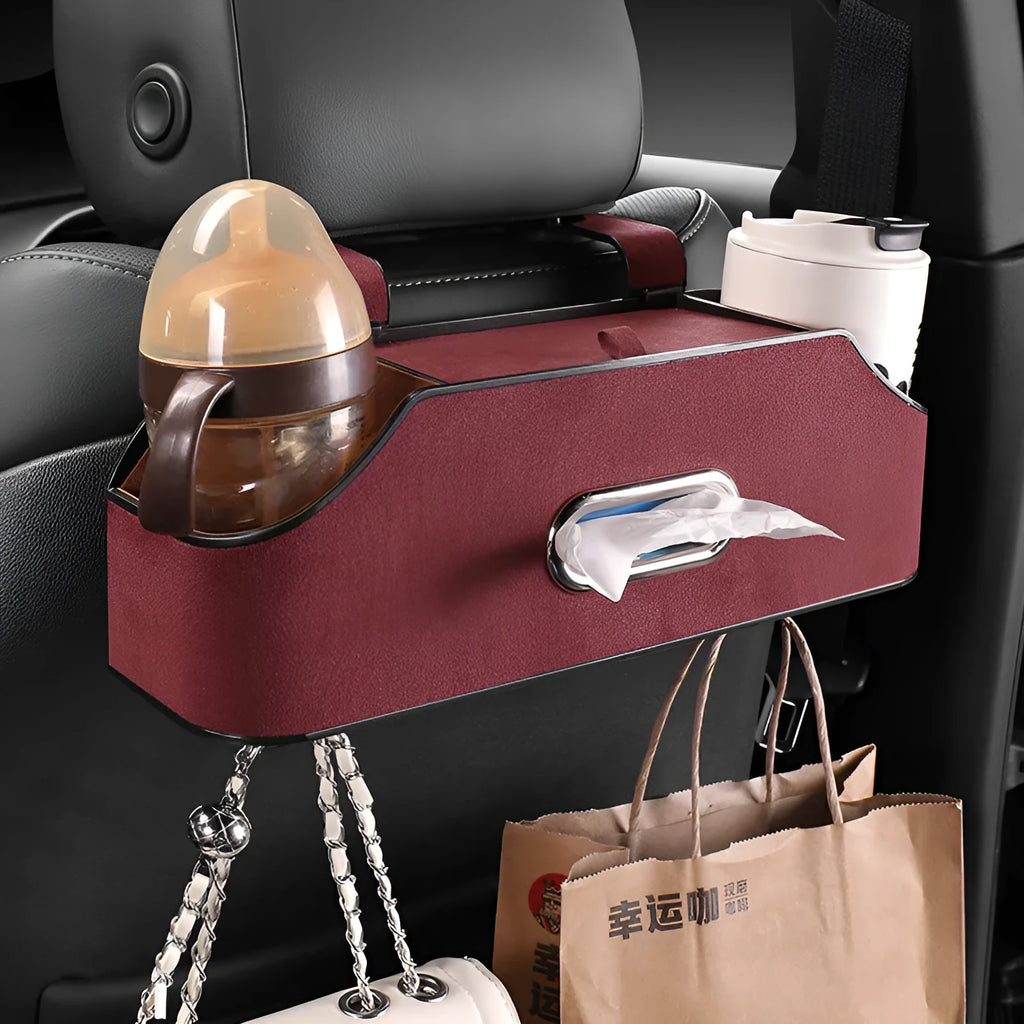 Genuine leather multifunctional car tissue box and cup holder organiser in beige colour.