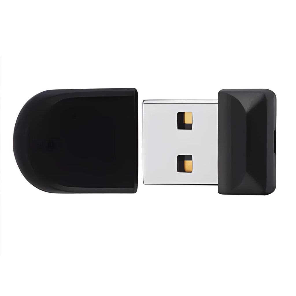 Black rotational waterproof USB flash drive with capacity options shown.