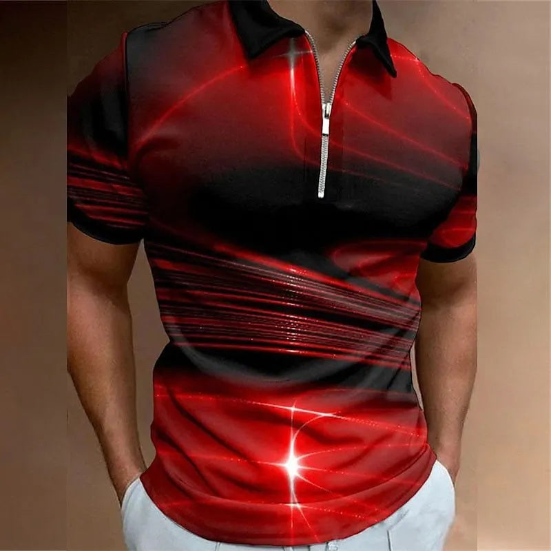 Man wearing a blue short sleeve polo shirt with a lapel collar and front zipper.