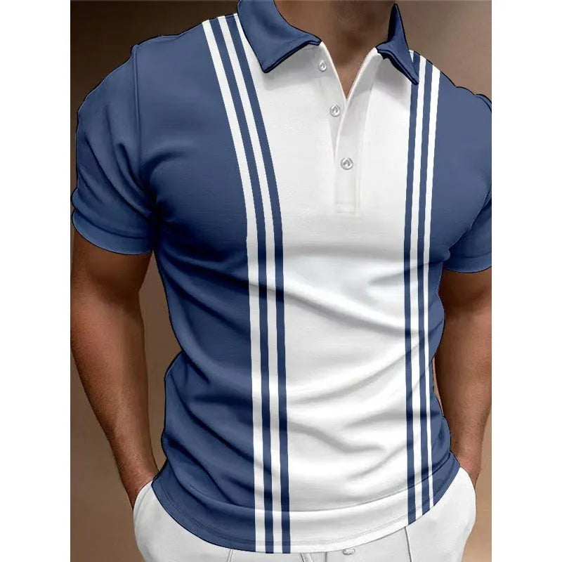 Men's loose fit t-shirt with printed 3 button lapel design in polyester fabric