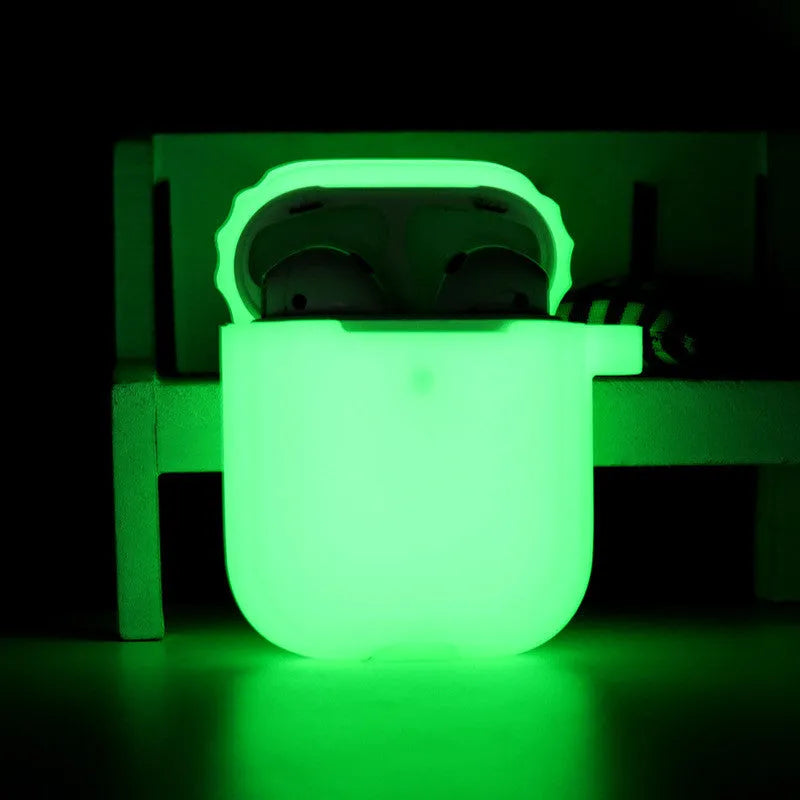 Luminous silicone AirPods case with integrated carrying strap in blue colour