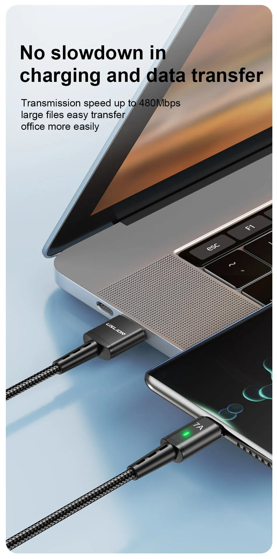 7A Android braided Type-C charging cable with indicator light in black, 1 metre length
