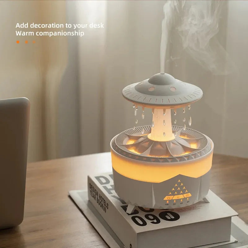 Cloud-shaped UFO raindrop humidifier with water drop sounds and night light