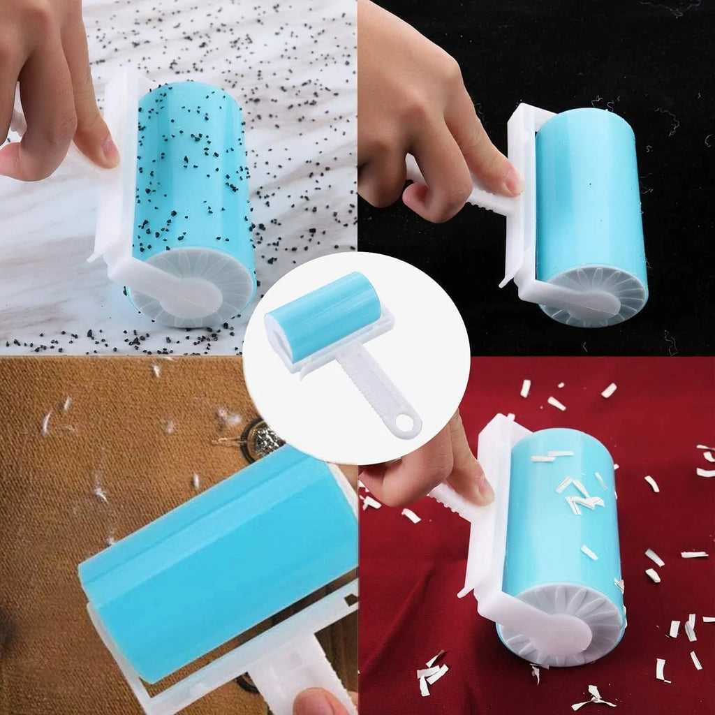 Washable reusable lint roller with cover in blue, green, pink, or yellow colours for pet hair removal