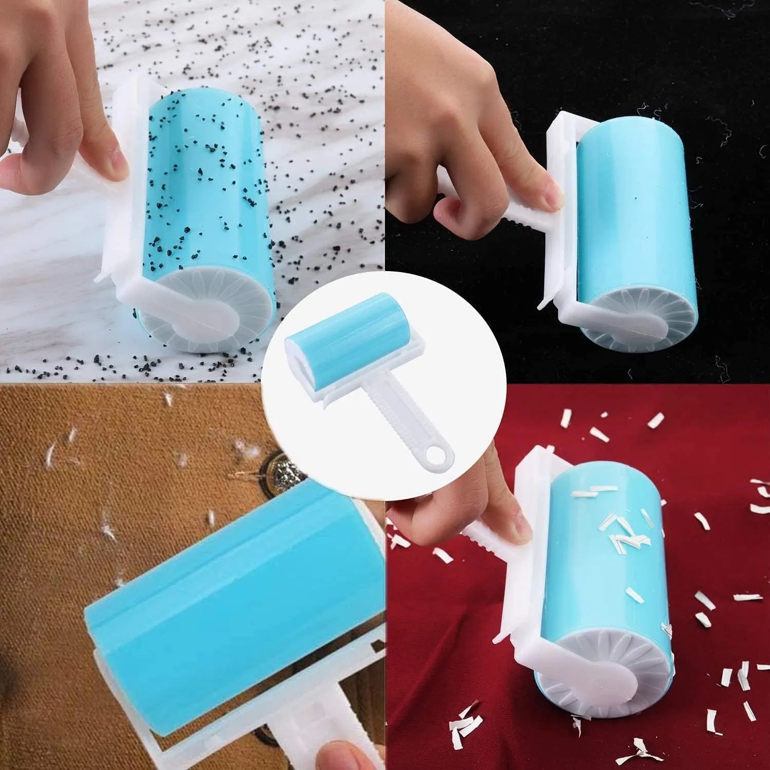 Washable reusable lint roller with cover in blue, green, pink, or yellow colours for pet hair removal