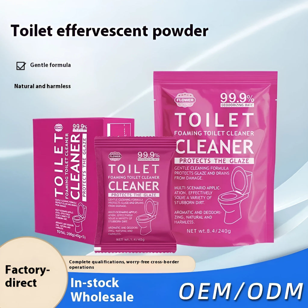 Toilet effervescent cleaning powder in blue ocean or pink floral fragrance, showing box of 5 bags and large refill bag.