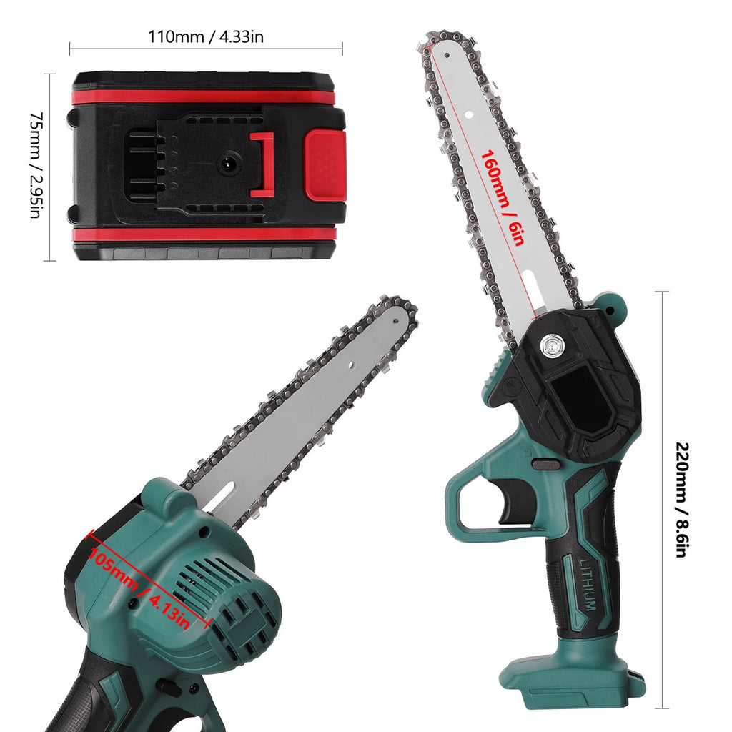 Small black electric chainsaw with lithium battery and 4-inch cutting bar