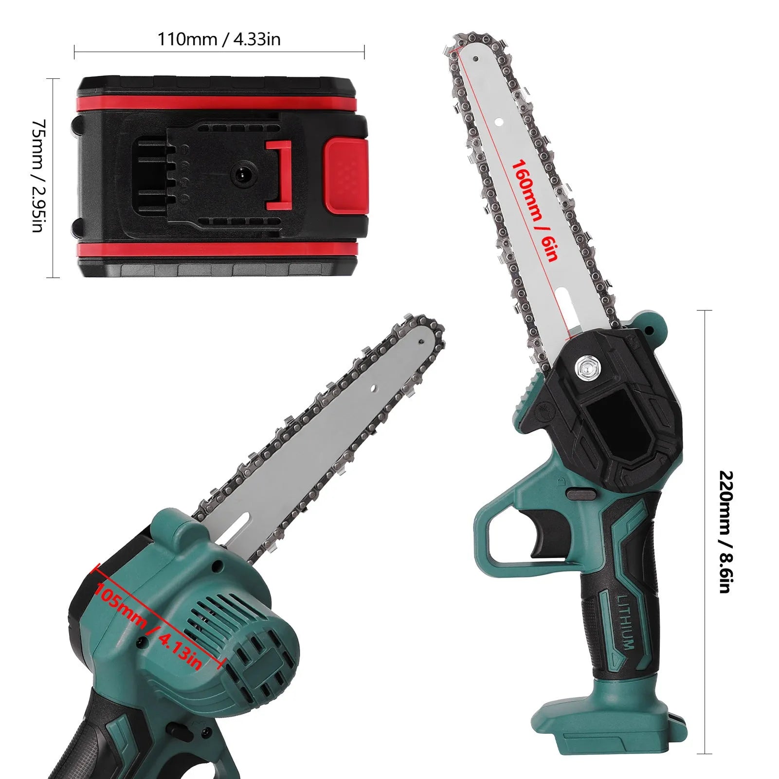 Small black electric chainsaw with lithium battery and 4-inch cutting bar
