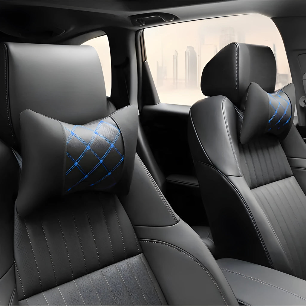Black quilted diamond-pattern car headrest neck pillow with contrast stitching.