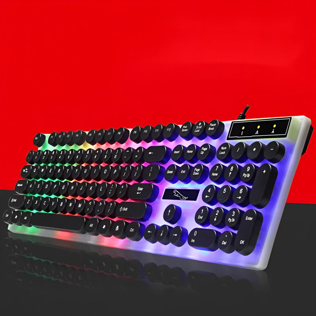 White or black 104-key wired RGB backlit waterproof gaming keyboard on a desk