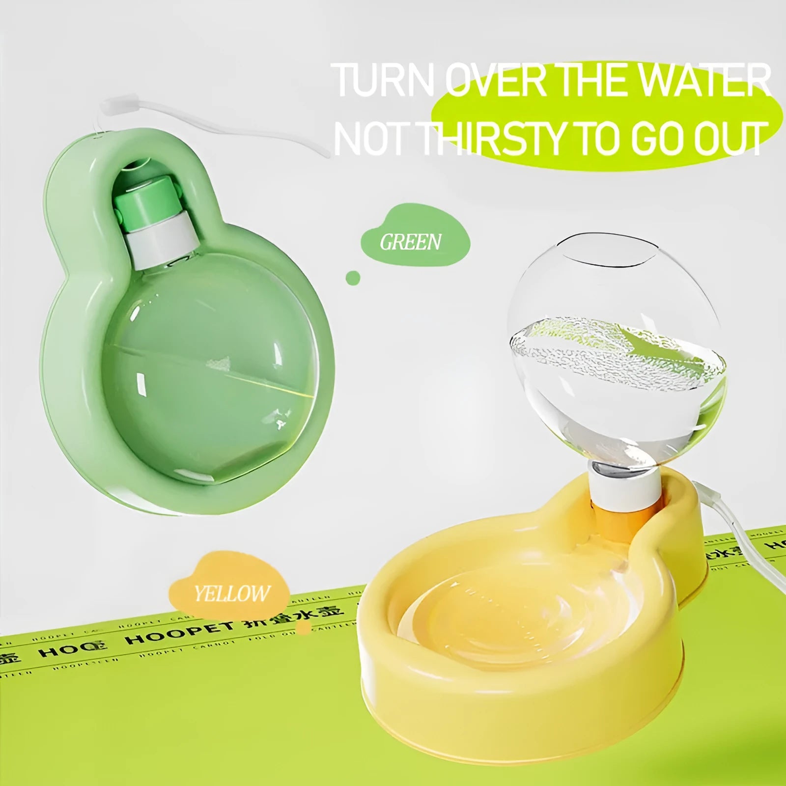 Green portable pet travel water bottle with pull-out drinking bowl for dogs, shown with size dimensions.