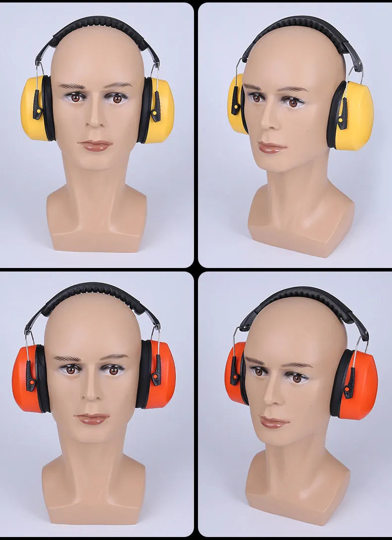 Orange adjustable noise-reducing headphones with protective earmuffs on a grey background.