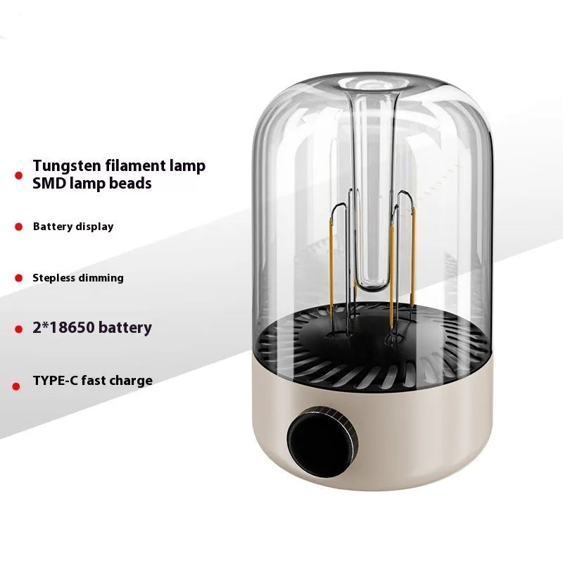Beige and black camping lantern with LED and tungsten lights, charging function, and USB output port