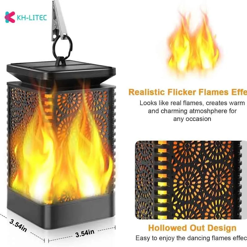 Black solar-powered hanging flame torch light for garden and patio decoration
