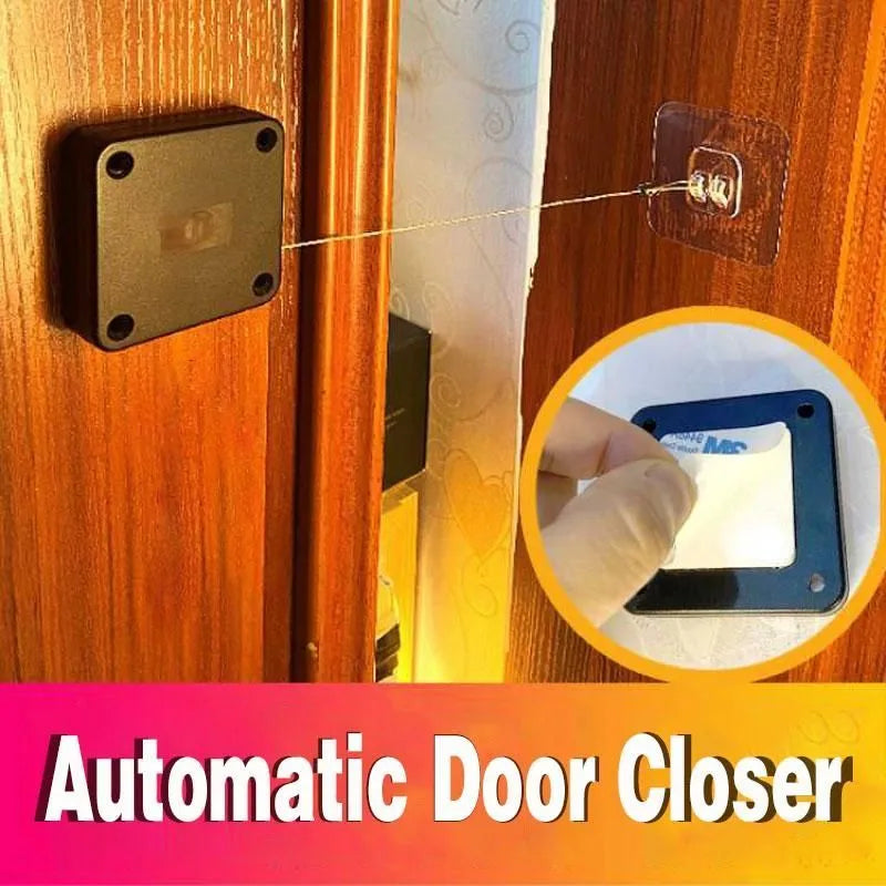 Automatic door closer with adhesive installation for sliding and glass doors in black or white