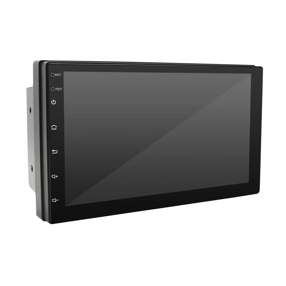 Black universal car MP5 player with 7-inch touchscreen showing GPS navigation maps and CarPlay interface