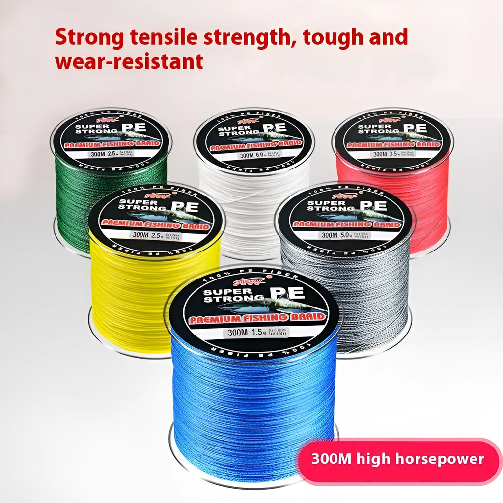 Spool of Dali Mayu 300 metre PE braided fishing line in a selected colour with labelled line strength.