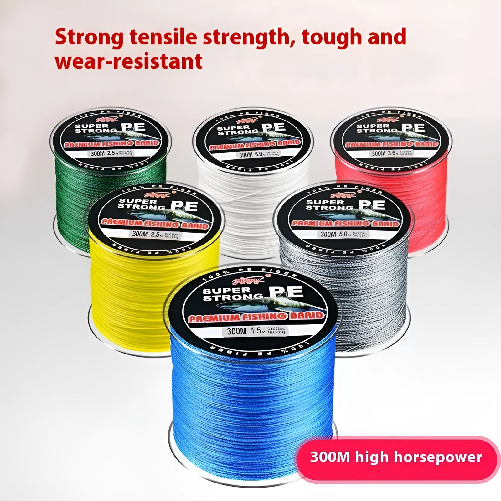 Spool of Dali Mayu 300 metre PE braided fishing line in a selected colour with labelled line strength.
