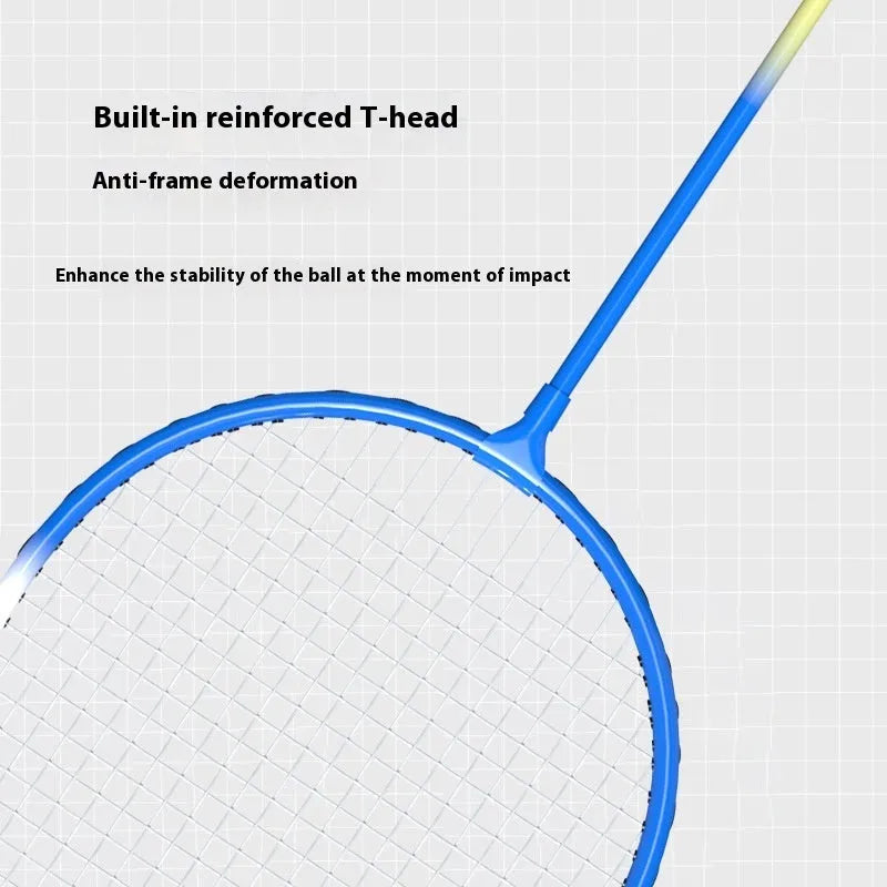 A pair of blue and red lightweight alloy badminton rackets with a split-frame design.