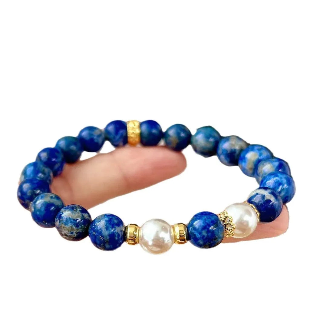 Chinese style lapis lazuli bracelet with green gold stone beads and adjustable clasp