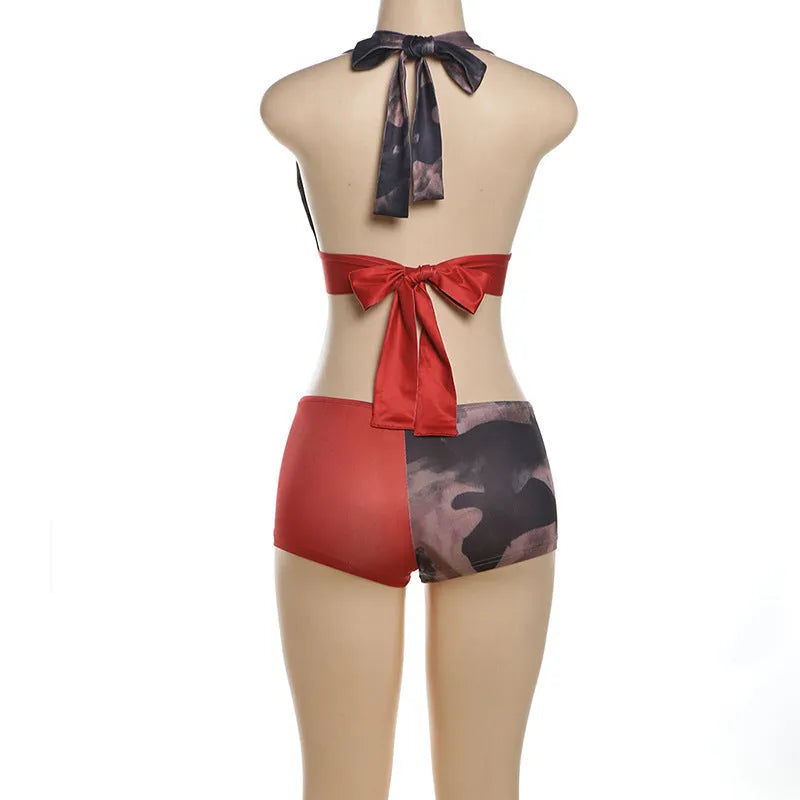 Red women's high waist bikini set with hip lift design and 3D printed pattern